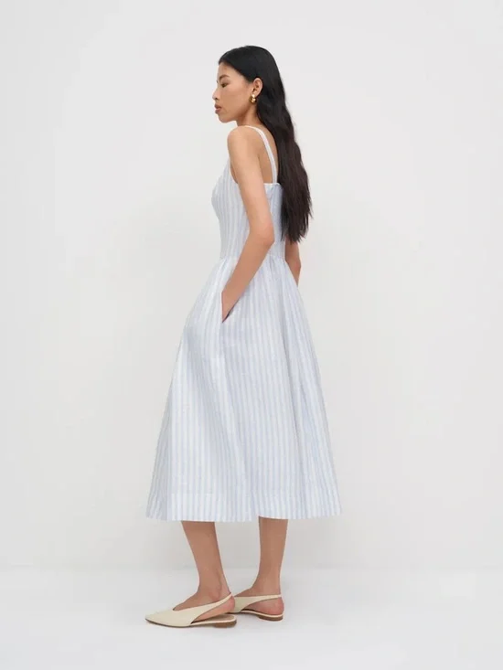 NEW Reformation Janu Midi Linen Dress Swan Stripe Blue White | US 2 / UK 6 - Picture 4 of 15